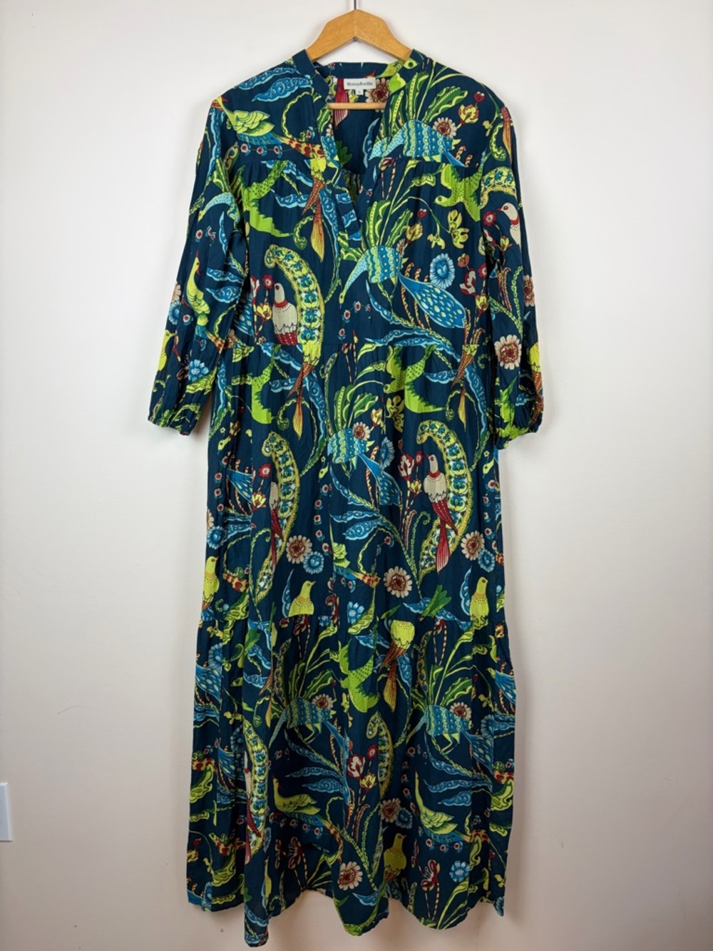 Fitzroy & Willa Tiered Long Sleeve Maxi Dress Blue Floral/Bird Print